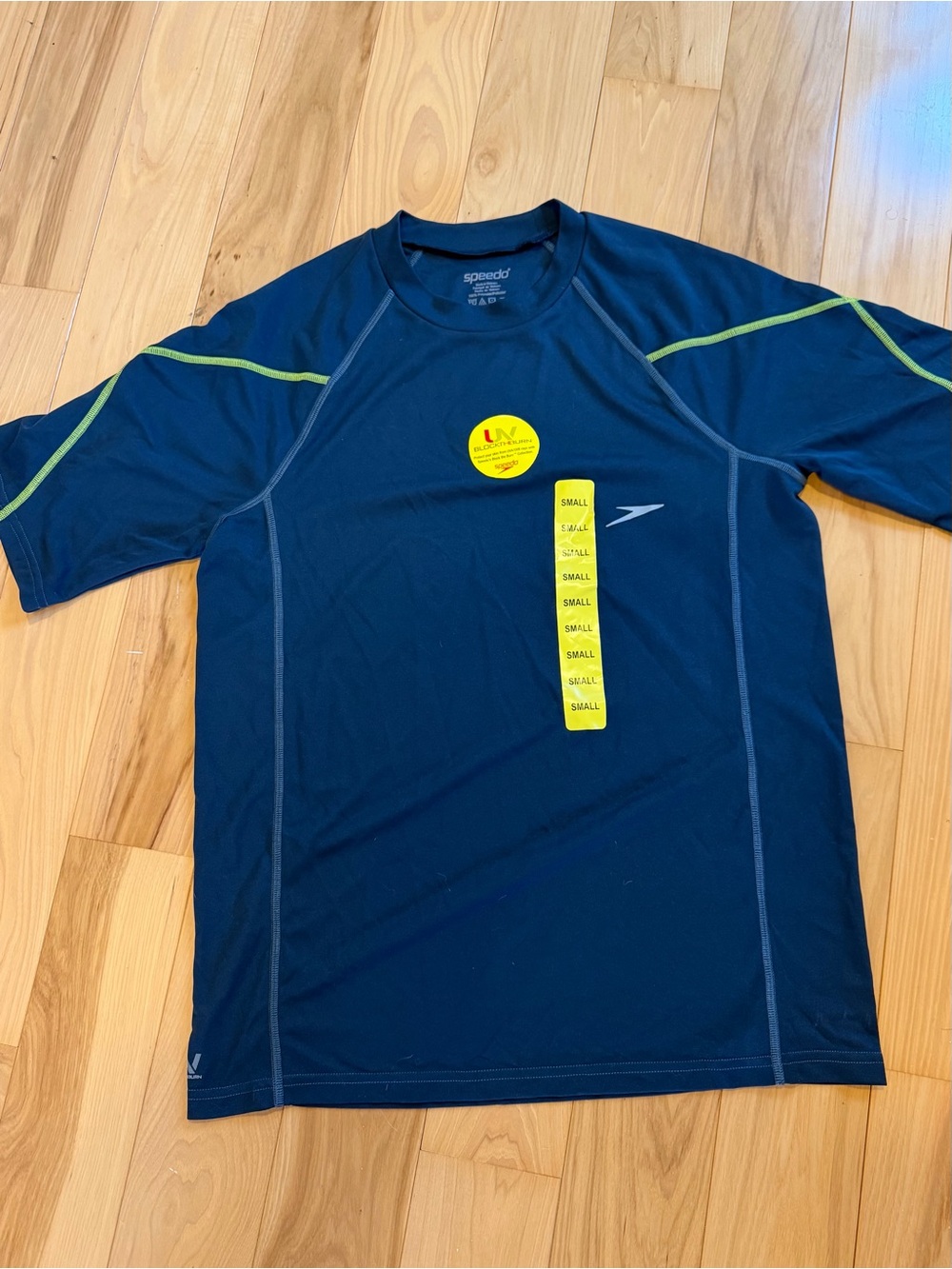 Speedo Men’s Dark Blue Short-Sleeve Swim Rash Guard with Lime Accents